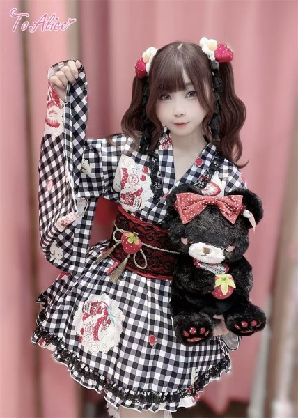 To Alice 浴衣 帯セット ギンガムチェック いちご柄 ブラック M To Alice 浴衣 帯セット ギンガムチェック いちご柄 ブラック ToAlice