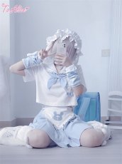 画像11: 【Last one】【ToAlice】C7893ハーフエプロン付き水色プリーツスカート【50％OFF】 (11)