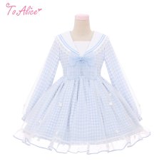 画像1: 【Last one】【ToAlice】C8629リトルデイジーチェックセーラー長袖ワンピース (1)