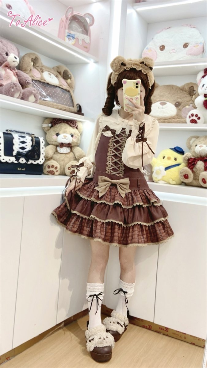 画像16: 【To Alice】C8741 ミルクチョコレートティアードサロペットスカート (16)