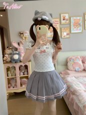 画像4: 【送料無料】C8870グレーシロネコちゃんパフ袖トップス《予約限定》 (4)