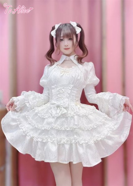 S～Mサイズ∕アイボリーベロアと薔薇の起毛レース袖の娘役レオタード白 BlackShamrock】F153ホワイトジャカードフレア袖ボレロ - To Alice