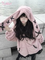 画像5: 【Black Shamrock】F247 レザーリボンもこもこうさ耳パーカー (5)