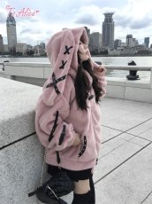 画像15: 【Black Shamrock】F247 レザーリボンもこもこうさ耳パーカー (15)