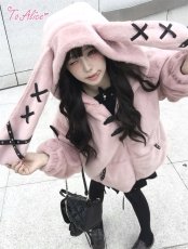 画像6: 【Black Shamrock】F247 レザーリボンもこもこうさ耳パーカー (6)