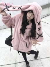 画像4: 【Black Shamrock】F247 レザーリボンもこもこうさ耳パーカー (4)