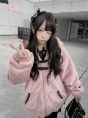 画像2: 【Black Shamrock】F247 レザーリボンもこもこうさ耳パーカー (2)