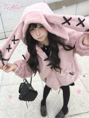 画像7: 【Black Shamrock】F247 レザーリボンもこもこうさ耳パーカー (7)