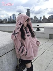 画像11: 【Black Shamrock】F247 レザーリボンもこもこうさ耳パーカー (11)