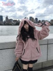 画像12: 【Black Shamrock】F247 レザーリボンもこもこうさ耳パーカー (12)