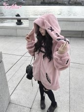 画像13: 【Black Shamrock】F247 レザーリボンもこもこうさ耳パーカー (13)