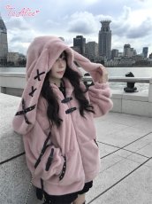 画像10: 【Black Shamrock】F247 レザーリボンもこもこうさ耳パーカー (10)