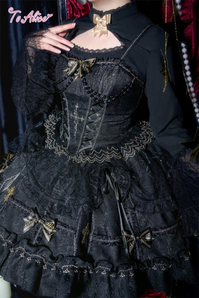 Ｓ～M／アンティークゴールド色刺繍レースとフリルのスクエアネック娘役レオタード黒 BlackShamrock】F261 gold embroideryジャンパースカート - To Alice