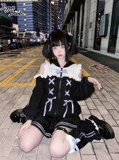 画像31: 【PuppetBombs】Q14オープンショルダーレースアップパーカー (31)