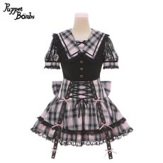 画像1: 【Last one】【Puppet Bombs】Q158 チェック切り替えセーラーベルトデザインワンピース【30％OFF】 (1)