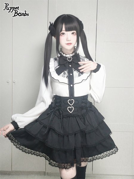 PuppetBombs】Q282 ダブルハートコルセット風ティアードスカパン - To