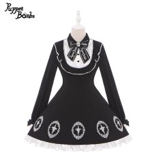 画像1: 【PuppetBombs】Q352 十字架刺繍入り長袖ワンピース (1)