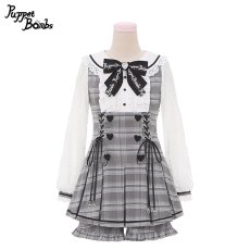 画像1: 【PuppetBombs】Q385 ハートボタンチェックレイヤード風セットアップ (1)