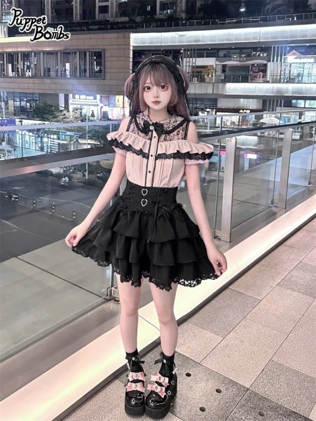 PuppetBombs】Q282 ダブルハートコルセット風ティアードスカパン - To