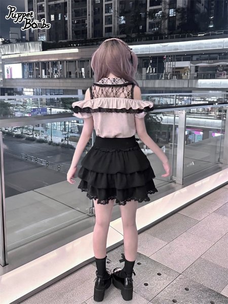 PuppetBombs】Q282 ダブルハートコルセット風ティアードスカパン - To