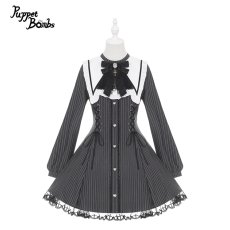 画像1: 【Puppet Bombs】Q510 変型襟ストライプワンピース (1)