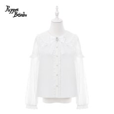画像1: 【PuppetBombs】Q516 ビジューリボン付総レーススリーブフリルブラウス (1)