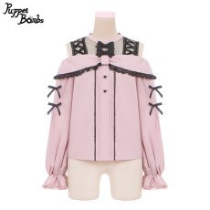 画像1: 【PuppetBombs】Q60 リボン風オフショルレーストップス (1)