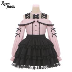 画像2: 【PuppetBombs】Q60 リボン風オフショルレーストップス (2)