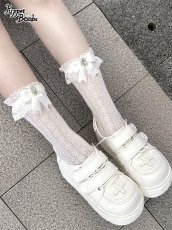 画像3: 【PuppetBombs】QS180 ビジュー付きリボンレースハイソックス (3)