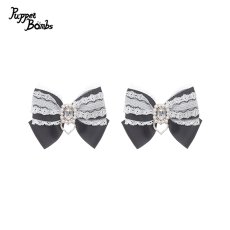 画像1: 【Puppet Bombs】QS195 パールビジュー付きレース重ねリボンヘアクリップセット (1)