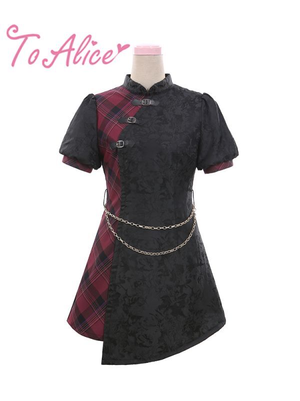 Toalice C5792ロックチェックアシンメトリー中華ワンピース To Alice Toalice C5792ロックチェックアシンメトリー中華ワンピース To Alice