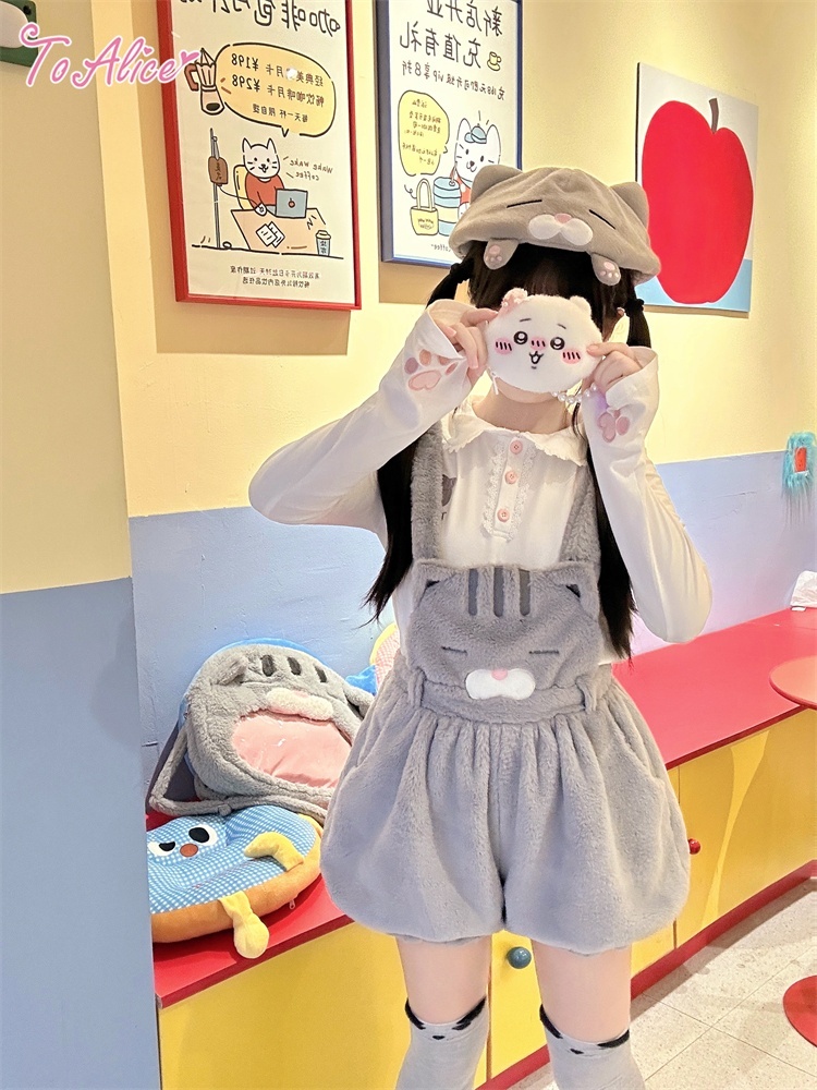 送料無料】C8695 オリジナルネコちゃんもこもこサロペットパンツ
