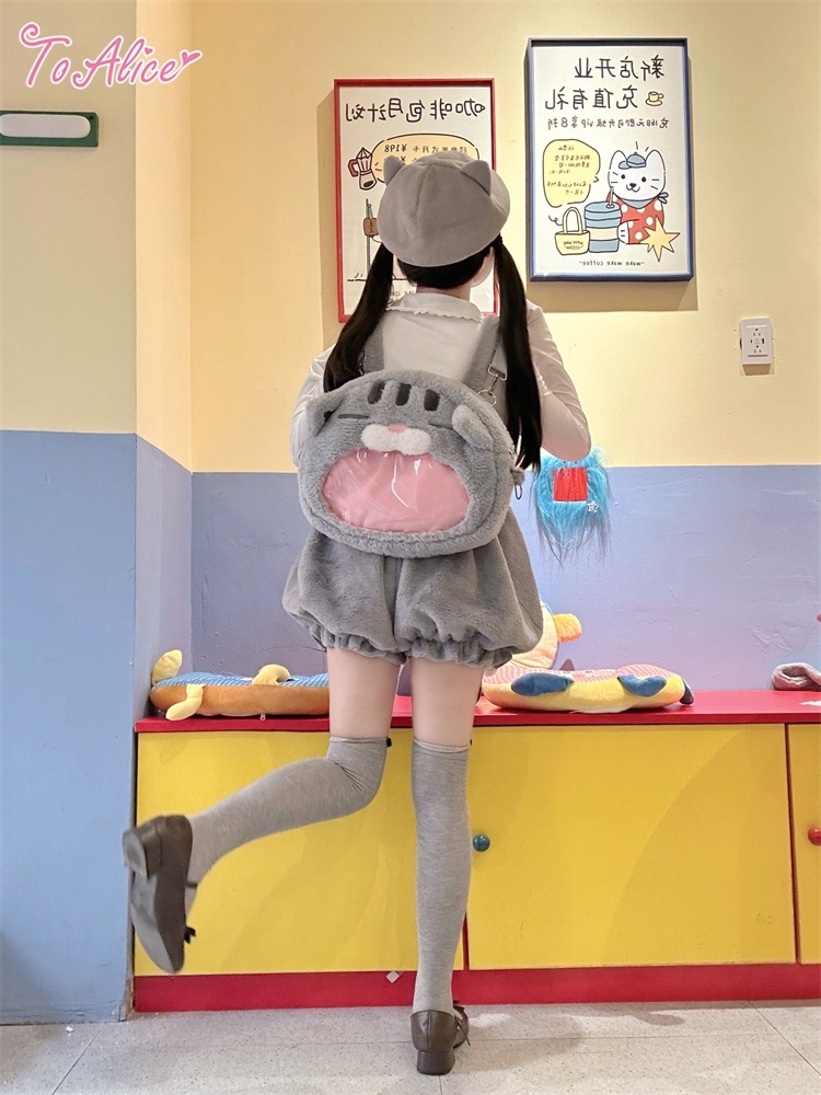 送料無料】C8695 オリジナルネコちゃんもこもこサロペットパンツ