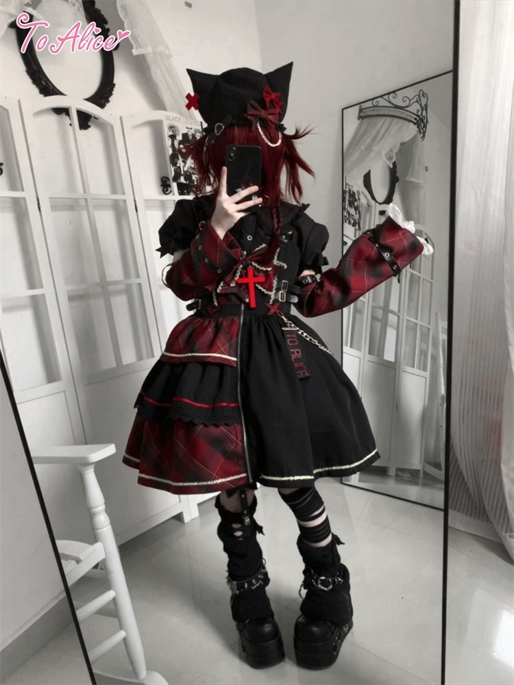 送料無料】F243チェック切り替えロックリボンジャンパースカート《予約