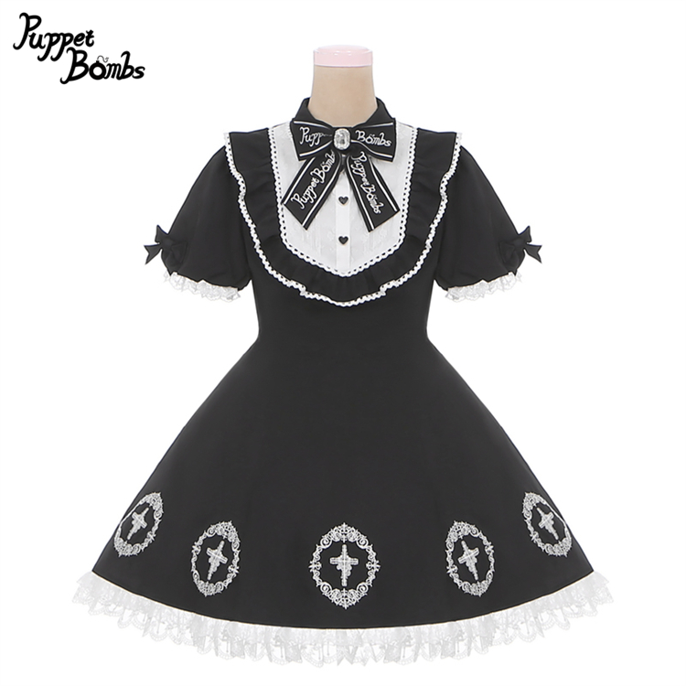 画像1: 【PuppetBombs】Q142 十字架刺繍入りパフ袖ワンピース【30%OFF】 (1)