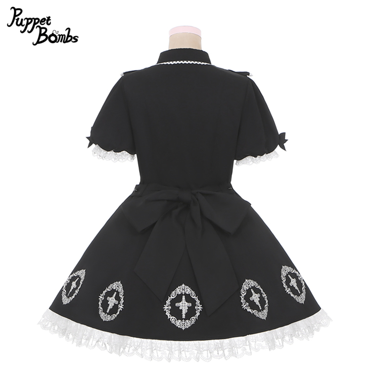画像2: 【PuppetBombs】Q142 十字架刺繍入りパフ袖ワンピース【30%OFF】 (2)