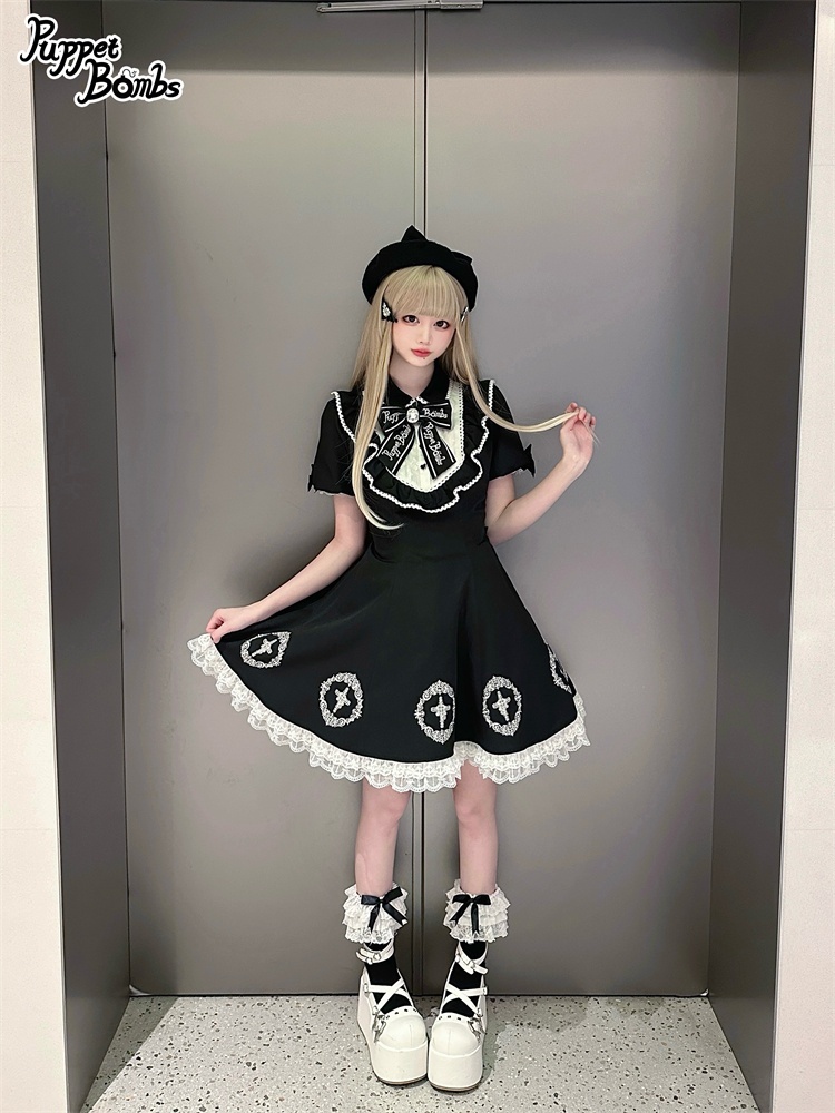 画像7: 【PuppetBombs】Q142 十字架刺繍入りパフ袖ワンピース【30%OFF】 (7)