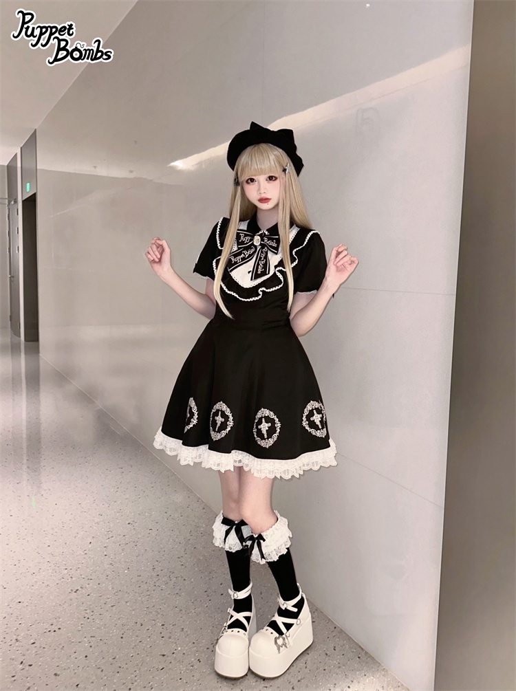 画像8: 【PuppetBombs】Q142 十字架刺繍入りパフ袖ワンピース【30%OFF】 (8)