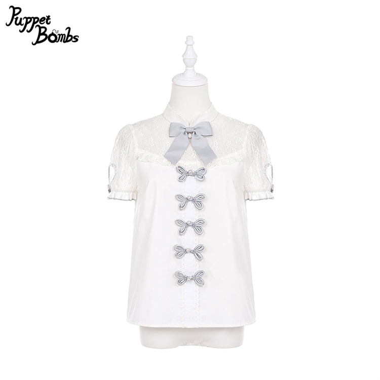 画像1: 【PuppetBombs】Q207 デコルテレーシーパフ袖チャイナトップス (1)