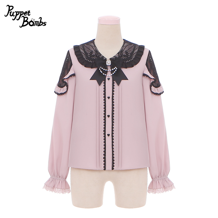 画像1: 【PuppetBombs】Q283レース切り替えハートボタンブラウス【本店・通販限定】【30%OFF】 (1)