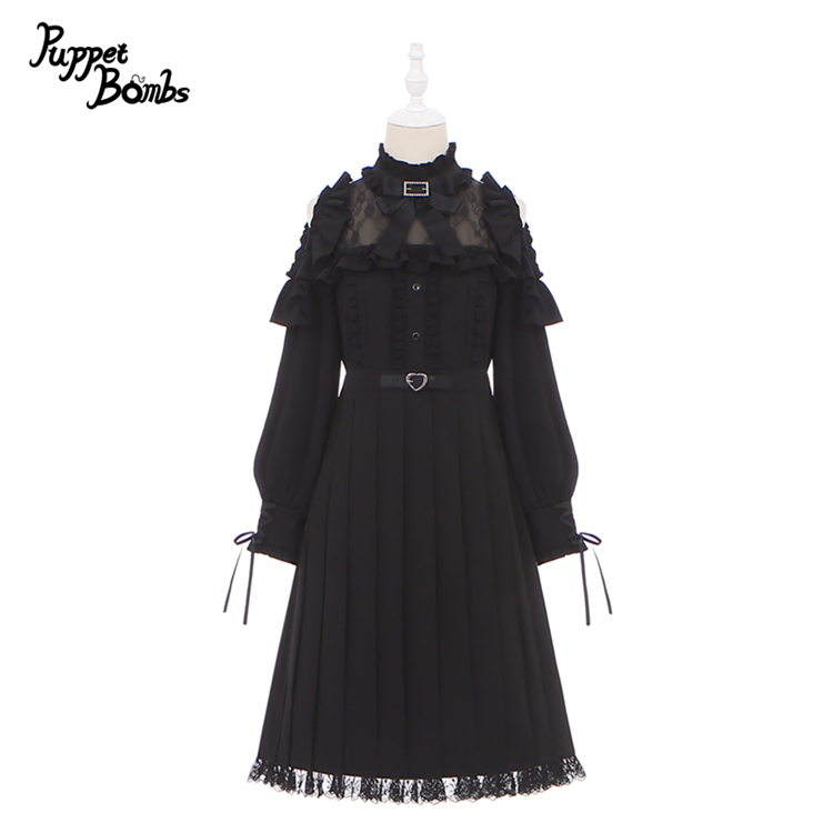 画像1: 【PuppetBombs】Q302 オープンショルダープリーツロングワンピース (1)