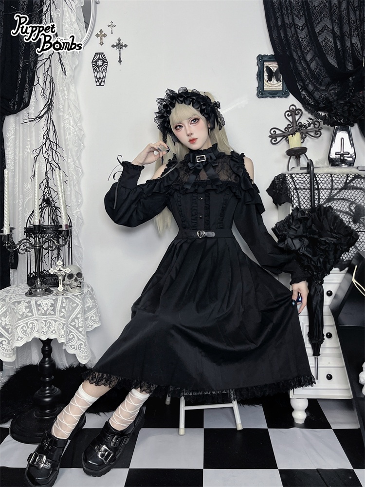 画像10: 【PuppetBombs】Q302 オープンショルダープリーツロングワンピース (10)