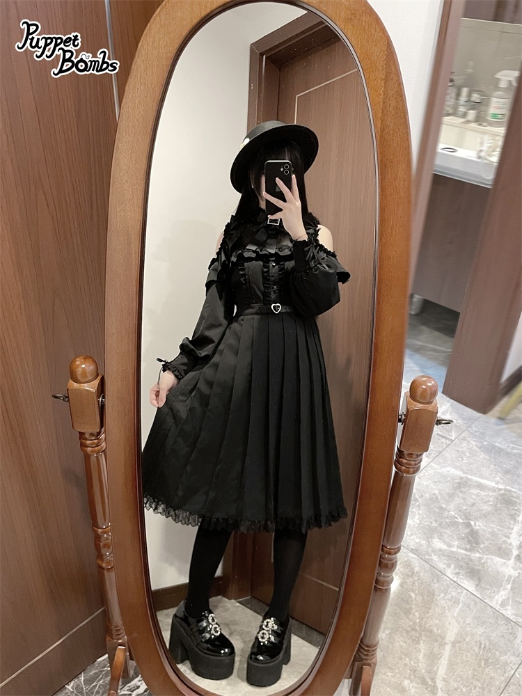 画像13: 【PuppetBombs】Q302 オープンショルダープリーツロングワンピース (13)