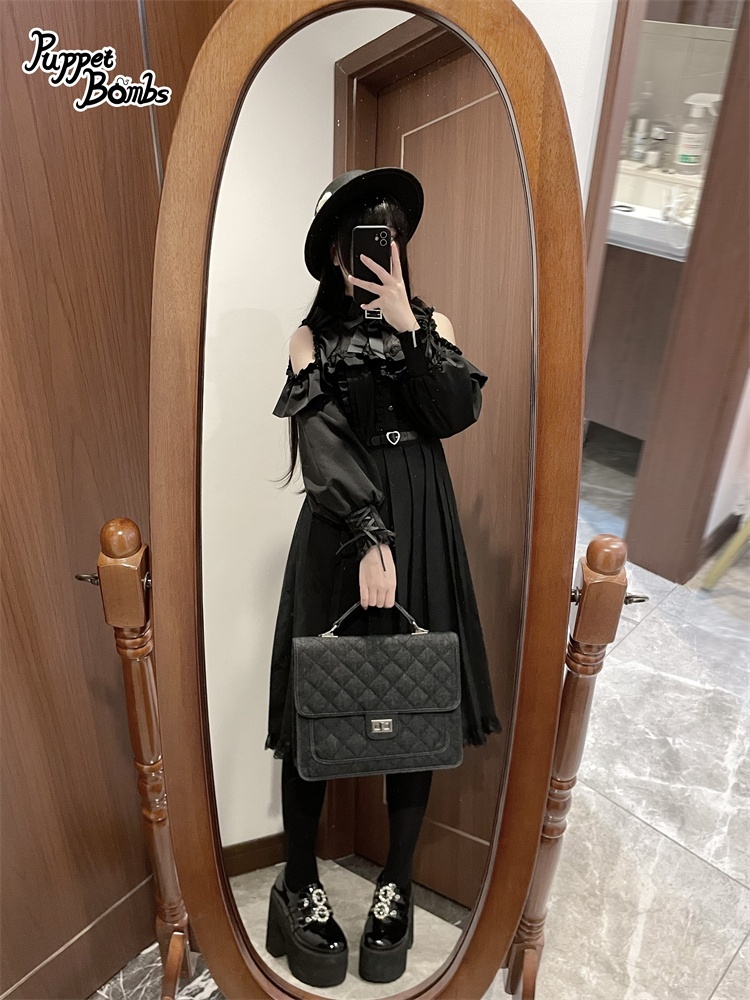 画像16: 【PuppetBombs】Q302 オープンショルダープリーツロングワンピース (16)