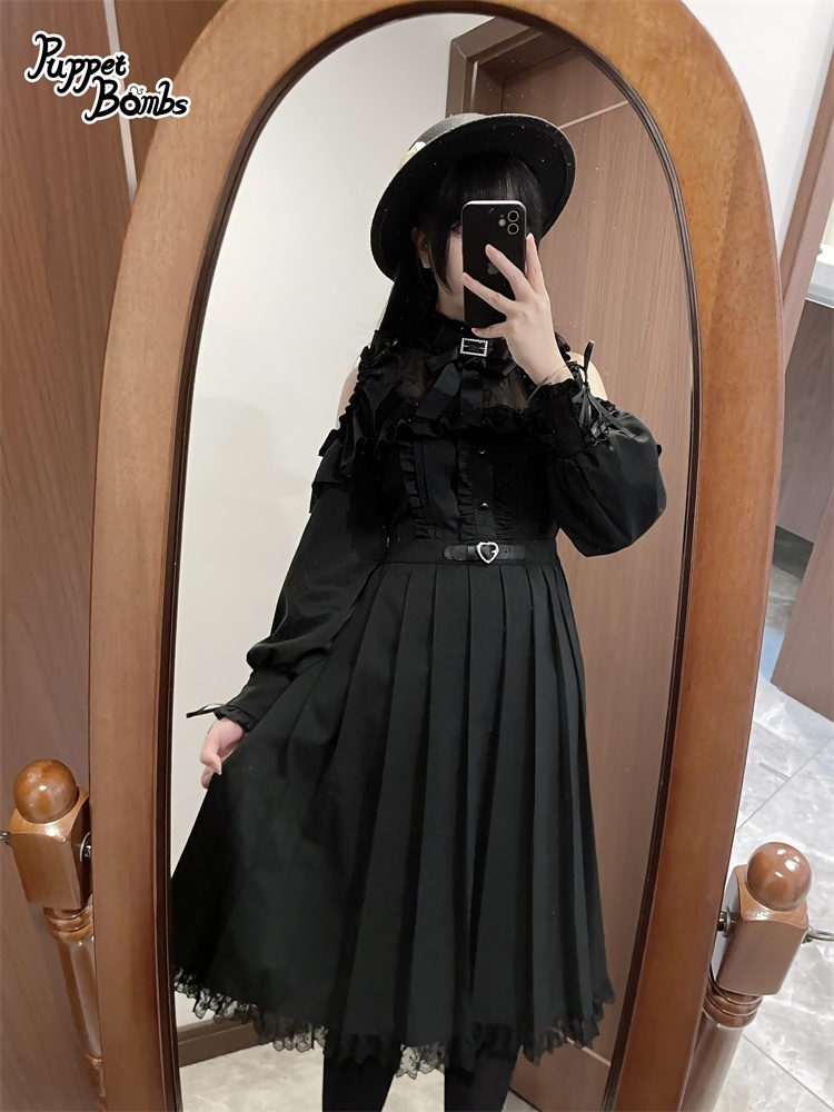 画像18: 【PuppetBombs】Q302 オープンショルダープリーツロングワンピース (18)