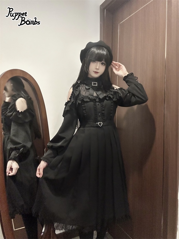 画像20: 【PuppetBombs】Q302 オープンショルダープリーツロングワンピース (20)