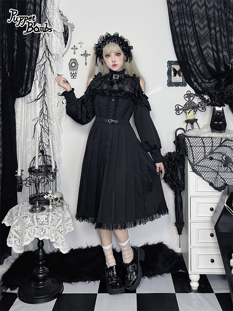 画像5: 【PuppetBombs】Q302 オープンショルダープリーツロングワンピース (5)