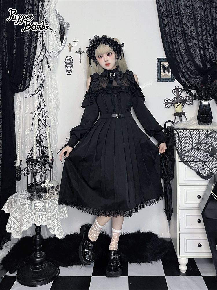 画像8: 【PuppetBombs】Q302 オープンショルダープリーツロングワンピース (8)