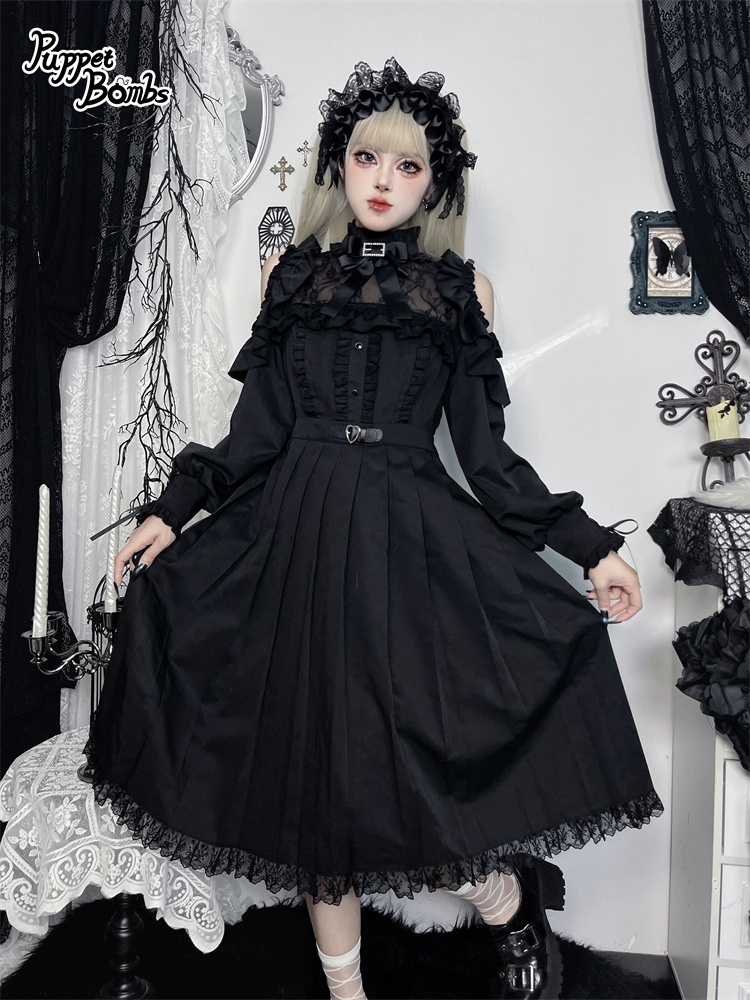 画像7: 【PuppetBombs】Q302 オープンショルダープリーツロングワンピース (7)