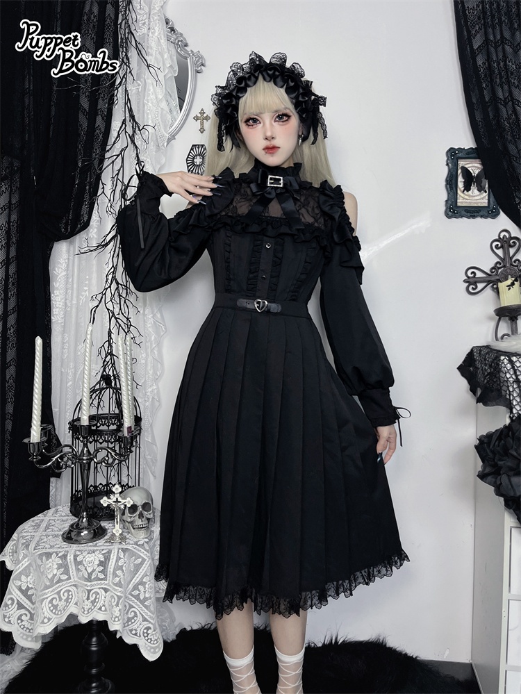 画像6: 【PuppetBombs】Q302 オープンショルダープリーツロングワンピース (6)